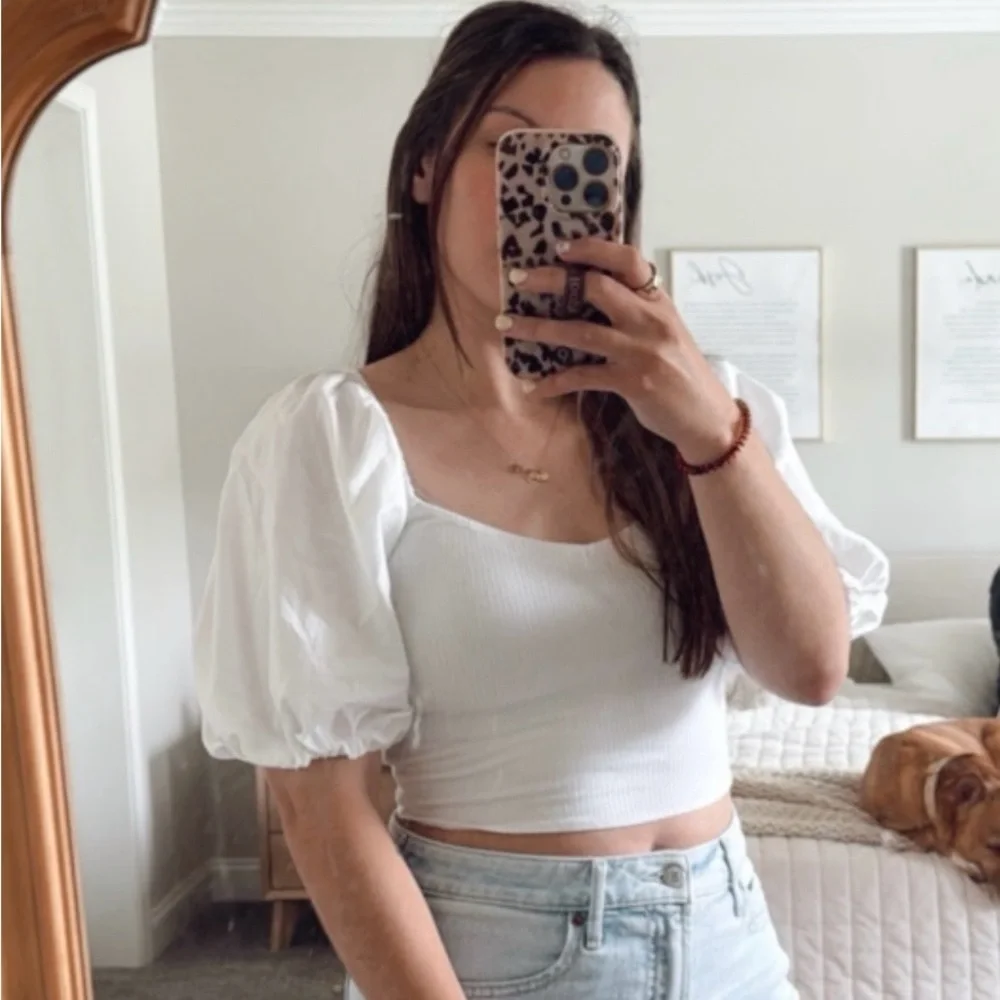 Abercrombie & Fitch White Puff Sleeve Crop Blouse